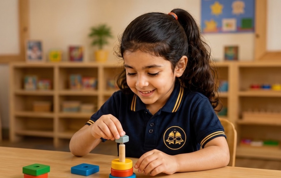 Happy preschool children learning in a colourful classroom